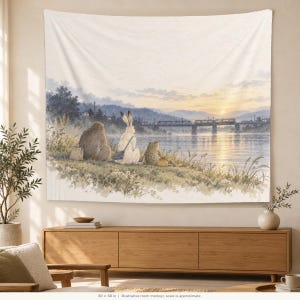 May include: A rectangular wall tapestry featuring a watercolor-style illustration of a bear, a rabbit, and a frog sitting on a grassy riverbank at sunset. A train crosses a bridge in the distance over the water under a soft, hazy sky.
