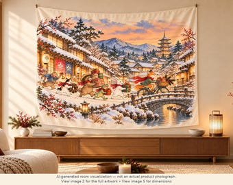 May include: A rectangular wall tapestry featuring a snowy winter scene with a Japanese-style village, a stone bridge, and a pagoda. Anthropomorphic animals, including a fox on a bicycle, carry wrapped gifts through the snow-covered street.