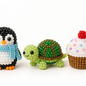Handmade Beaded Animals - Cute Penguin with Blue Scarf, Green Turtle, Sprinkle Cupcake - 3D Beaded Toys