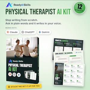 Puede incluir: Un producto digital titulado Physical Therapist AI Kit con 12 habilidades de IA, compatible con Claude, ChatGPT y Gemini. El kit incluye una guía en PDF e instrucciones para 1 instalación de archivo, diseñado para ayudar con la documentación clínica.