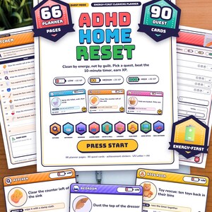 May include: An ADHD Home Reset cleaning planner set featuring 66 pages and 90 quest cards. The main document displays the title, energy-based quest levels, and room icons. Three individual quest cards for the kitchen, bedroom, and kids room are shown.