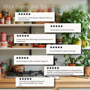 May include: A display of vintage tins of various sizes and colors, arranged on shelves. The image includes customer reviews praising the tins' design, storage capabilities, and overall quality. The text "What Buyers Are Saying About Our Tins" is at the top.