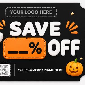 Puede incluir: Un boleto en blanco y negro con temática de Halloween que presenta un fantasma blanco con sombrero de bruja negro, dos calabazas naranjas y dulces de maíz. El texto dice YOUR LOGO HERE, SAVE __% OFF y YOUR COMPANY NAME HERE, con un código QR.
