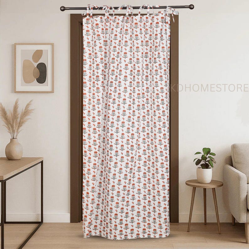 Hand Block Printed Cotton Curtains, Orange Floral Window Drapes, Boho ...