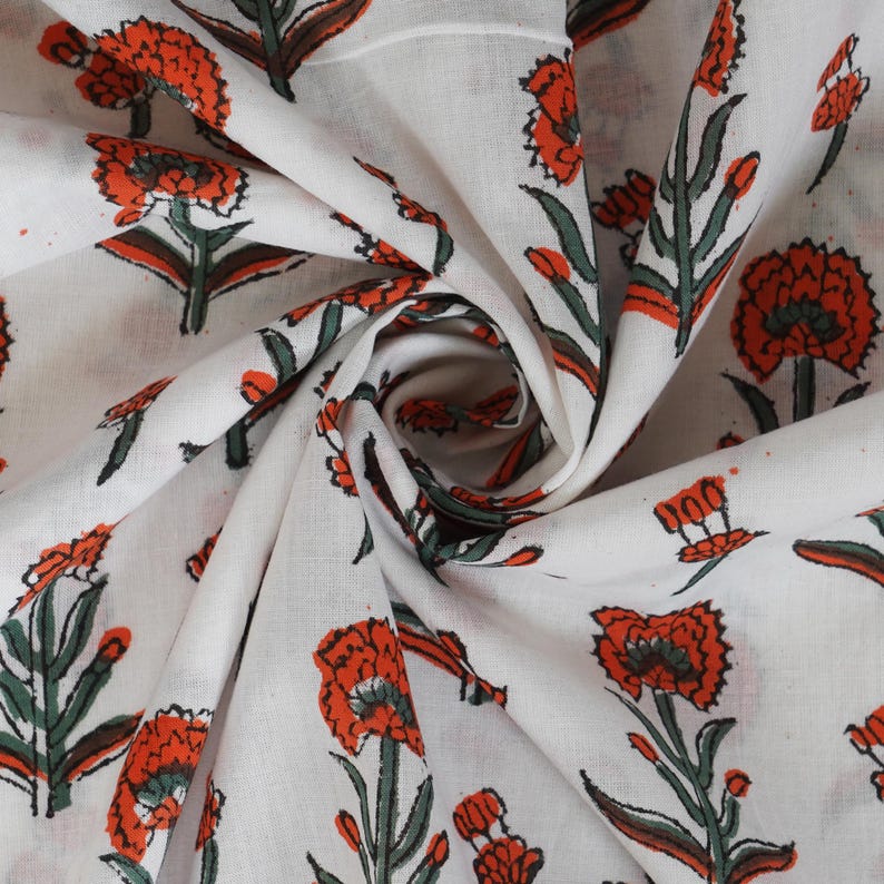 Hand Block Printed Cotton Curtains, Orange Floral Window Drapes, Boho ...