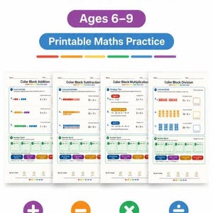 May include: A set of elementary math worksheets for ages 6-9, featuring printable practice for addition, subtraction, multiplication, and division. The pages include color block exercises, number sprints, and star trackers with US and UK spelling.