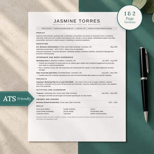 May include: A professional resume template for a business administration graduate named Jasmine Torres, featuring sections for profile, education, experience, and skills. A black ballpoint pen rests on the right side of the white document.