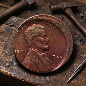 Puede incluir: Una moneda de un centavo Lincoln de 1922 de tono cobrizo con el perfil de Abraham Lincoln mirando a la derecha. La moneda tiene grabado el texto IN GOD WE TRUST, LIBERTY y el año 1922. La superficie muestra signos de desgaste y oxidación.