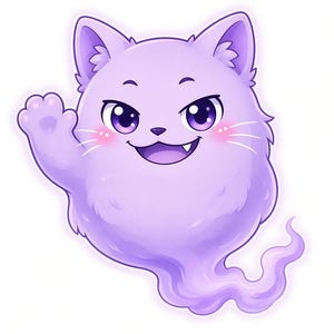 May include: A light purple, round, fluffy cat-like creature with large, expressive violet eyes, a small nose, and a wide, smiling mouth showing a single tooth. The creature has one raised paw and a swirling, ghost-like tail at the bottom.