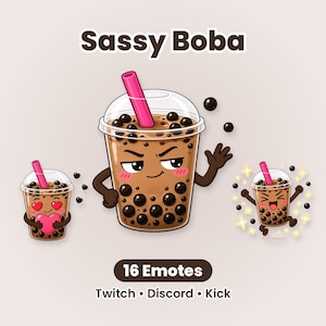 May include: A digital illustration set titled Sassy Boba featuring 16 emotes for Twitch, Discord, and Kick. The central boba tea character has a sassy expression, while the smaller emotes show a boba tea with heart eyes and a joyful boba tea.