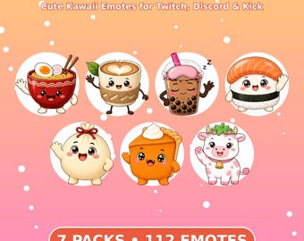 Leuke voedsel-emotes bundel, 112 kawaii-emotes voor Twitch, Discord, Kick, Ramen, Boba Latte, Sushi, Dumpling