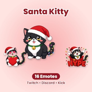 Puede incluir: Un conjunto gr&aacute;fico digital titulado Santa Kitty con 16 emoticonos para Twitch, Discord y Kick. Las ilustraciones muestran gatos blancos y negros con gorros de Pap&aacute; Noel, uno con un coraz&oacute;n rojo, otro con luces navide&ntilde;as y uno en una caja de regalo con la palabra HYPE.