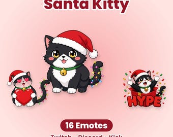 Santa Kitty kerst Twitch-emotes, 16 schattige Kawaii katten-emotes voor Discord en Kick Streamers