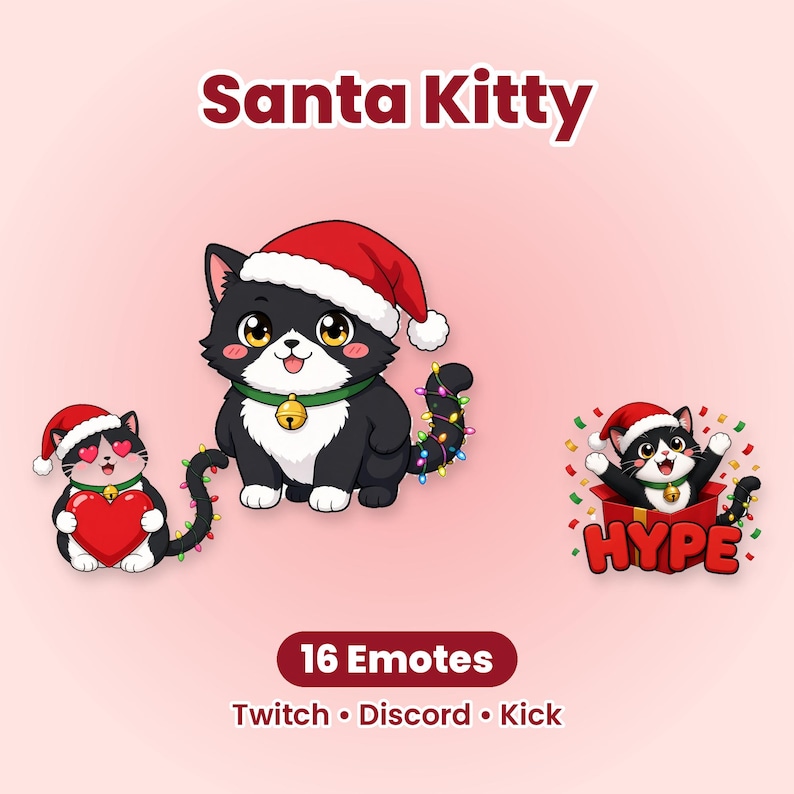 Puede incluir: Un conjunto gr&aacute;fico digital titulado Santa Kitty con 16 emoticonos para Twitch, Discord y Kick. Las ilustraciones muestran gatos blancos y negros con gorros de Pap&aacute; Noel, uno con un coraz&oacute;n rojo, otro con luces navide&ntilde;as y uno en una caja de regalo con la palabra HYPE.