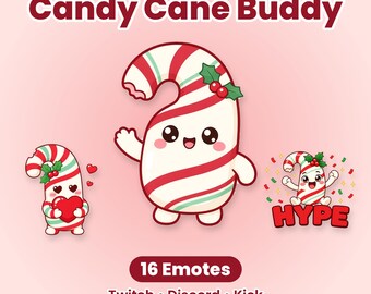 Candy Cane Twitch-emotes, een pakket van 16 schattige kawaii kerst-emotes voor Discord en Kick Streamers.