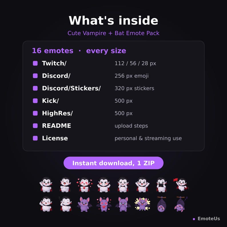 Puede incluir: Un paquete de emotes digitales con 16 personajes de vampiros y murci&eacute;lagos. El texto dice: What's inside, Cute Vampire + Bat Emote Pack, 16 emotes, every size, Twitch, Discord, Kick, HighRes, README, License e Instant download, 1 ZIP.