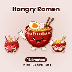 May include: A digital illustration titled Hangry Ramen featuring three red ramen bowls with faces. One bowl waves, one holds a pink heart, and one looks angry with crossed arms. Each bowl contains noodles, an egg, and fish cake. Text reads 16 Emotes Twitch Discord Kick.