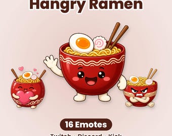Hangry Ramen Twitch-emotes, 16 schattige kawaii-noedelgerechten voor Discord en Kick Streamers