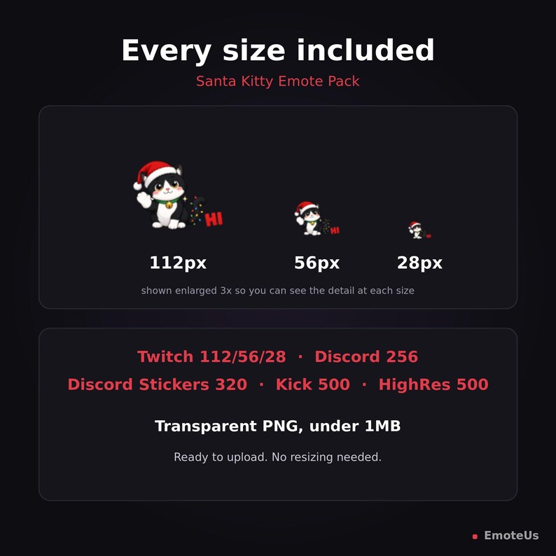 Puede incluir: Un paquete de emotes Santa Kitty con un gato blanco y negro que lleva un gorro de Pap&aacute; Noel rojo. El gr&aacute;fico incluye tres tama&ntilde;os: 112px, 56px y 28px. El texto incluye "Every size included", "Santa Kitty Emote Pack" y varias especificaciones.
