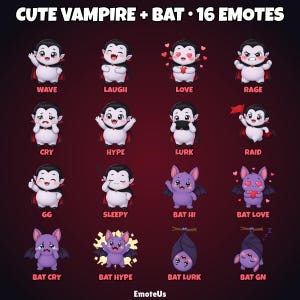 Puede incluir: Una colecci&oacute;n digital de 16 emoticonos titulada CUTE VAMPIRE + BAT, que muestra vampiros de dibujos animados con capas negras y murci&eacute;lagos morados con diversas expresiones y acciones como wave, laugh, love, rage, cry, hype, lurk, raid, gg, sleepy, hi y gn.