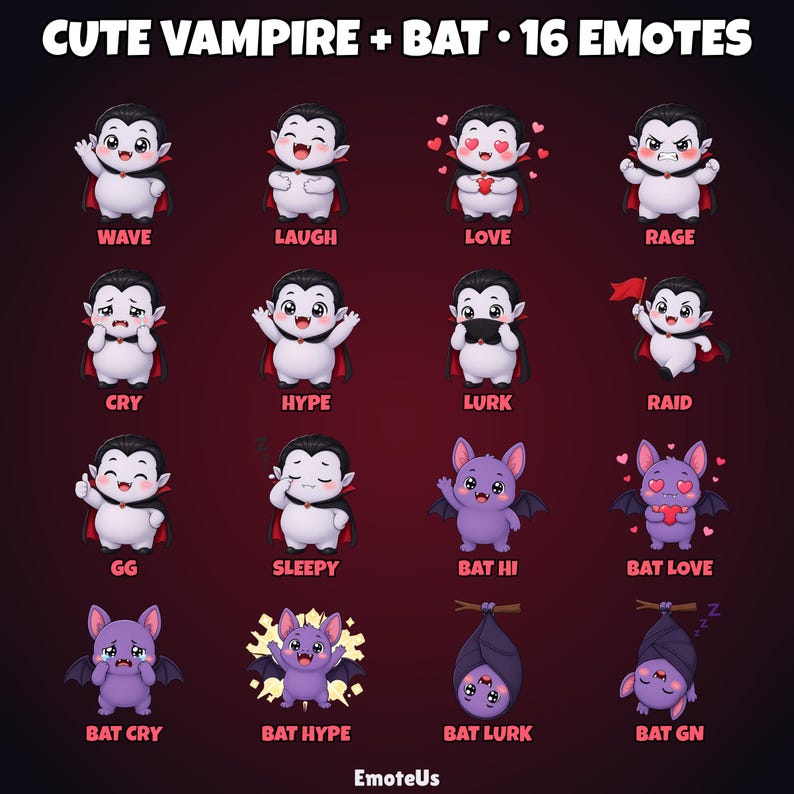 Puede incluir: Una colecci&oacute;n digital de 16 emoticonos titulada CUTE VAMPIRE + BAT, que muestra vampiros de dibujos animados con capas negras y murci&eacute;lagos morados con diversas expresiones y acciones como wave, laugh, love, rage, cry, hype, lurk, raid, gg, sleepy, hi y gn.