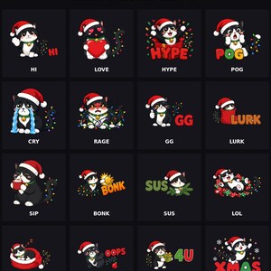 Puede incluir: Una colecci&oacute;n de 16 emoticonos digitales titulada SANTA KITTY EMOTES, que muestra un gato blanco y negro con un gorro de Pap&aacute; Noel rojo. Cada emoticono presenta diferentes expresiones y acciones con etiquetas de texto como HI, LOVE, HYPE, POG, CRY, RAGE, GG, LURK, SIP, BONK, SUS, LOL, GN, OOPS, GIFT y XMAS.