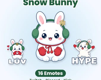 Puede incluir: Un conjunto gráfico digital titulado Snow Bunny que incluye 16 emoticonos para Twitch, Discord y Kick. El conejo blanco central lleva orejeras verdes con un copo de nieve dorado y manoplas rojas. Otros emoticonos muestran al conejo.
