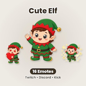 May include: A digital illustration set titled Cute Elf featuring 16 emotes for Twitch, Discord, and Kick. The graphics depict a cartoon elf in a green and red outfit with a jingle bell hat, shown waving, holding a red heart, and surrounded by stars.