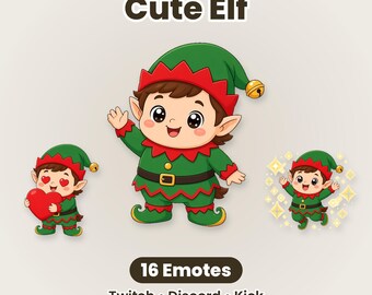 Puede incluir: Un conjunto de ilustraciones digitales titulado Cute Elf con 16 emoticonos para Twitch, Discord y Kick. Los gráficos muestran un elfo de dibujos animados con un traje verde y rojo con un gorro de cascabel, saludando, sosteniendo un corazón rojo y rodeado de estrellas.