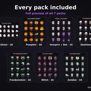 May include: A digital collection of seven emote packs featuring Halloween-themed characters including ghosts, pumpkins, vampires, bats, skeletons, Frankenstein monsters, witches, and zombies. The text reads Every pack included, Full preview of all 7 packs.