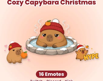 Gezellige Capybara kerst Twitch-emotes, 16 schattige Kawaii winter-emotes voor Discord en Kick Streamers