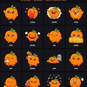 May include: A digital collection of 16 orange pumpkin emotes labeled CUTE PUMPKIN EMOTES, featuring various expressions and actions including HI, LOVE, HYPE, POG, CRY, RAGE, GG, LURK, SIP, BONK, RIP, SUS, GN, TRICK, TREAT, and SCARED for streaming platforms.