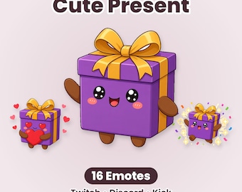 Puede incluir: Una ilustración digital de un personaje de caja de regalo morada con lazo amarillo, extremidades marrones y cara sonriente. El texto dice Cute Present, 16 Emotes, Twitch Discord Kick. Dos variaciones muestran la caja con corazones.