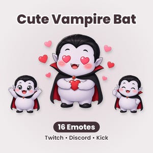 May include: A digital illustration set titled Cute Vampire Bat featuring 16 emotes for Twitch, Discord, and Kick. The central character is a pale vampire with black hair, a black cape with red lining, and heart-shaped eyes holding a red heart.