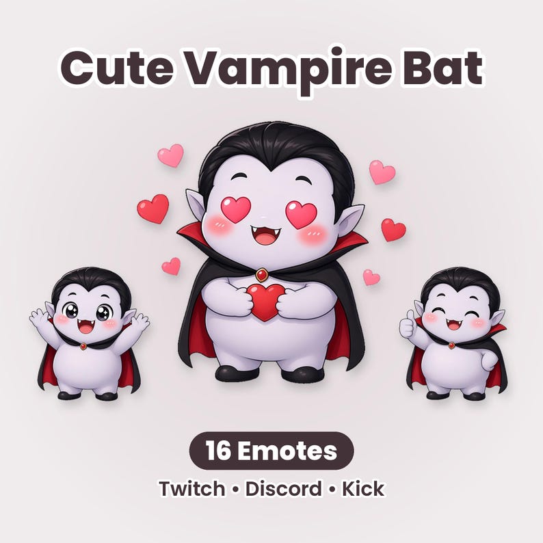 Puede incluir: Un conjunto de ilustraciones digitales titulado Cute Vampire Bat con 16 emoticonos para Twitch, Discord y Kick. El personaje central es un vampiro p&aacute;lido con cabello negro, capa negra con forro rojo y ojos en forma de coraz&oacute;n.