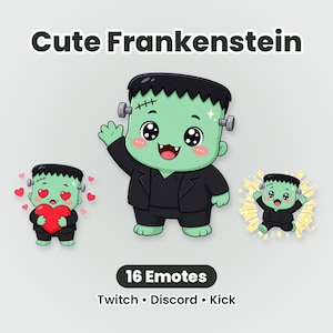 May include: A digital graphic set titled Cute Frankenstein featuring 16 emotes for Twitch, Discord, and Kick. The central character is a green-skinned figure with black hair, bolts on the neck, and a black suit, shown in various poses.