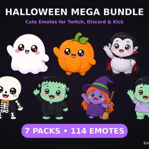 May include: A digital Halloween mega bundle featuring 114 emotes across 7 packs. The graphic displays seven cartoon characters: a white ghost, an orange pumpkin, a vampire, a skeleton, a green monster, a purple witch, and a green zombie.