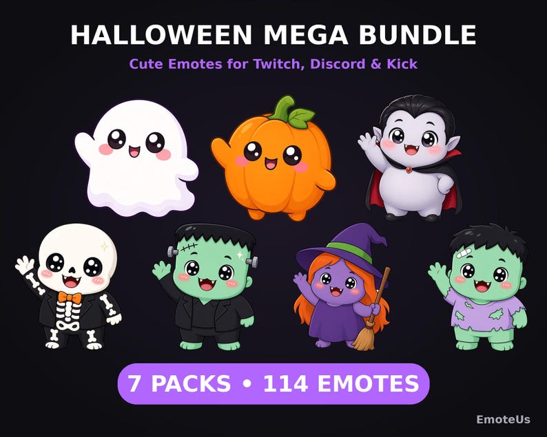 May include: A digital Halloween mega bundle featuring 114 emotes across 7 packs. The graphic displays seven cartoon characters: a white ghost, an orange pumpkin, a vampire, a skeleton, a green monster, a purple witch, and a green zombie.