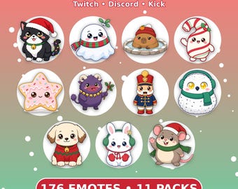 Kerst Twitch Emote Bundel Vol 2, 176 emotes, 11 pakketten: Santa Kitty, Krampus, Puppy & meer