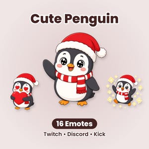 May include: A digital illustration set titled Cute Penguin featuring 16 emotes for Twitch, Discord, and Kick. The graphic displays three cartoon penguins wearing red and white Santa hats and striped scarves, with one holding a red heart.