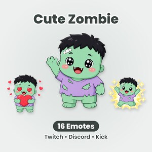 May include: A digital graphic set titled Cute Zombie featuring 16 emotes for Twitch, Discord, and Kick. The central character is a green-skinned zombie with black hair, a bandage on its forehead, and a tattered purple shirt.