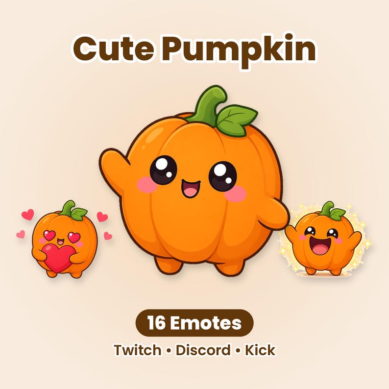 May include: A digital graphic set featuring the text Cute Pumpkin and 16 Emotes Twitch Discord Kick. The central illustration shows an orange pumpkin character with a green stem, waving. Two smaller pumpkin variations are included.