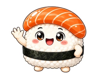 Sushi Buddy Twitch-emotes, een pakket van 16 schattige kawaii-voedsel-emotes voor Discord en Kick Streamers.
