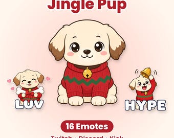 Jingle Pup kersthonden-emotes, 16 schattige puppy-emotes voor Twitch, Discord Kick vakantie-emotepakket, Kawaii trui-honden-streamer-emotes