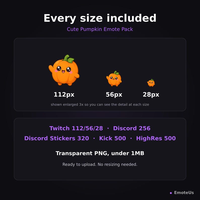 May include: A digital graphic set titled Every size included Cute Pumpkin Emote Pack featuring three orange pumpkin characters in 112px, 56px, and 28px sizes. Text lists specifications for Twitch, Discord, and Kick platforms in transparent PNG format.