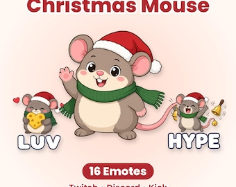 Kerstmuis-emotes, 16 schattige vakantiemuis-emotes voor Twitch, Discord Kick Winter Emote Pack, Kawaii kerstmutsmuis-emotes voor streamers