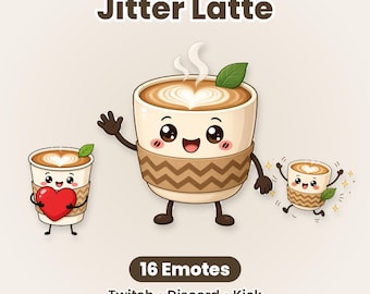 Jitter Latte Twitch-emotes, een pakket van 16 schattige kawaii-koffiekopjes voor Discord en Kick Streamers.