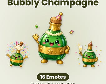 Champagne Nieuwjaar Twitch-emotes, 16 schattige Kawaii 2027 feestpakket voor Discord & Kick