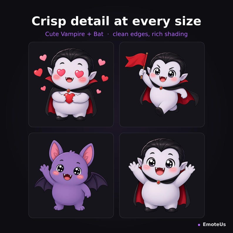 Puede incluir: Un conjunto gr&aacute;fico digital con cuatro ilustraciones de un vampiro y un murci&eacute;lago con el texto "Crisp detail at every size" y "Cute Vampire + Bat &middot; clean edges, rich shading". El vampiro aparece en tres poses, mientras que el murci&eacute;lago morado se muestra una vez.