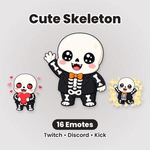 May include: A digital graphic set titled Cute Skeleton featuring 16 emotes for Twitch, Discord, and Kick. The artwork displays a cartoon skeleton character wearing a black suit with an orange bowtie, shown waving, holding a red heart, and surrounded by yellow sparkles.